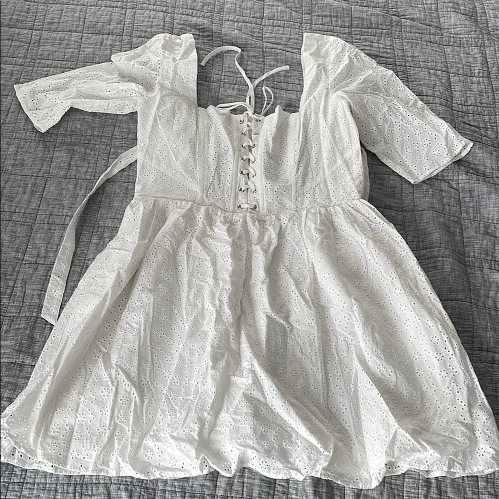 Cream Pleated Tie Front Sundress with Puff Sleeves